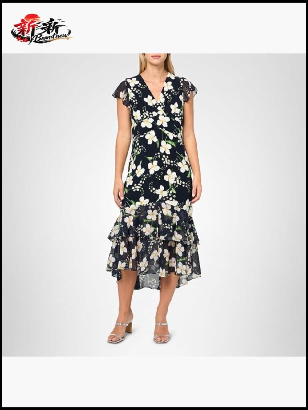 V-Neck Flutter Sleeve Maxi Dress Chiffon Ruffle Hem